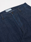 The Indigo Kaihara LT WT Denim Duke Pant is shown from the rear as a flat lay against a plain white background. The image highlights the two large rear patch pockets, the wide-leg silhouette, and the deep indigo blue color of the lightweight denim fabric.