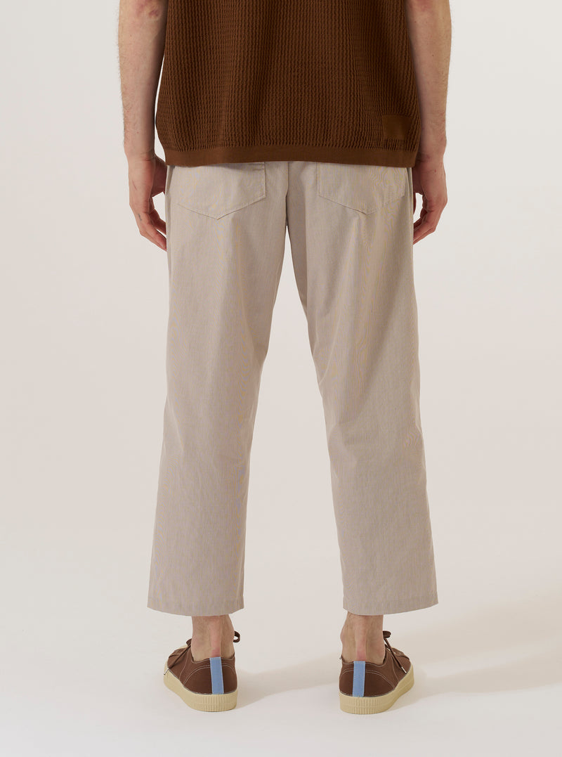 A model wears the Brown Kennedy Stripe Hi Water Trouser, shown from a rear three-quarter angle against a plain white background. The trousers feature a slim, cropped fit and a distinctive vertical stripe pattern in shades of brown. The design includes a drawstring waist and visible rear pocket detailing.