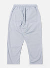 The Navy Kennedy Stripe Hi Water Trouser is shown from the back as a flat lay against a plain white background. The image highlights the two rear patch pockets and the elasticated drawstring waistband. The navy blue cotton fabric features a visible vertical pinstripe pattern.