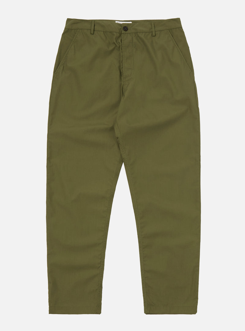 The Olive Recycled Polytech Military Chino is shown as a flat lay against a plain white background. The trousers feature a waistband with belt loops, two front slant pockets, and a straight leg that tapers slightly toward the ankle. The olive green fabric has a smooth, technical appearance.