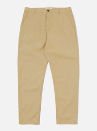 The Sand Recycled Polytech Military Chino is shown as a flat lay against a plain white background. These sand-colored trousers feature a button fly, belt loops, and two front angled pockets. The fabric is a smooth, technical blend of cotton and recycled polyester.