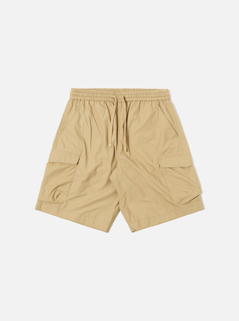 The Sand Recycled Polytech Parachute Short is presented as a flat lay against a plain white background. The shorts feature an elasticated waistband with an adjustable drawstring, front patch pockets, and a utility pocket on the side.