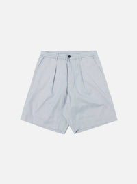 The Navy Kennedy Stripe Pleated Track Short is displayed as a flat lay against a plain white background. The shorts feature a navy blue base with a white vertical stripe pattern, an elasticated waistband with a contrasting white drawstring, and a single pleat on each leg. Two side pockets and a relaxed fit are visible.