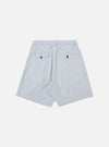 The Navy Kennedy Stripe Pleated Track Short is shown from the back as a flat lay against a plain white background. The shorts feature a navy and white vertical stripe pattern, an elasticated waistband, and a single rear patch pocket on the right side.