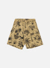 The Sand Jungle Toile Twill Pleated Track Short is shown as a flat lay against a plain white background. The shorts feature a prominent all-over dark jungle toile print on a sand-colored base, an elasticated waistband with a button fly, a single front pleat, and two side hand pockets. The fabric is a structured cotton twill.