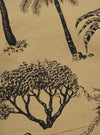 A close-up swatch of the Sand Jungle Toile Twill Pleated Track Short highlights the texture and intricate pattern of the fabric. The design features a dark jungle-themed toile print including trees and foliage against a light sand-colored base. The image provides a detailed view of the cotton twill weave.