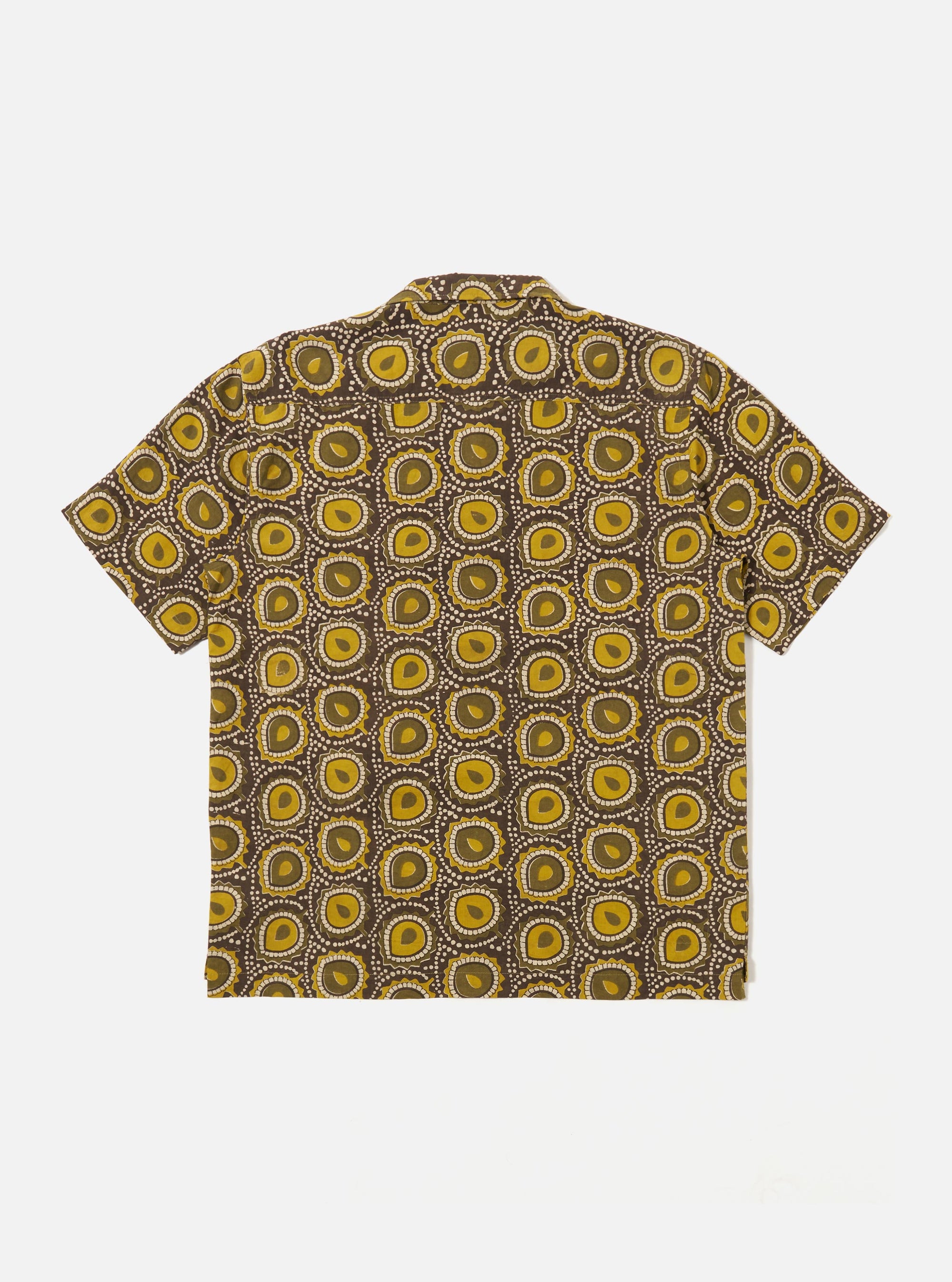 The Olive Cape Block Print Camp Shirt is shown from the back as a flat lay against a plain white background. The shirt features a camp collar and short sleeves, with the intricate block print pattern visible across the olive green fabric.
