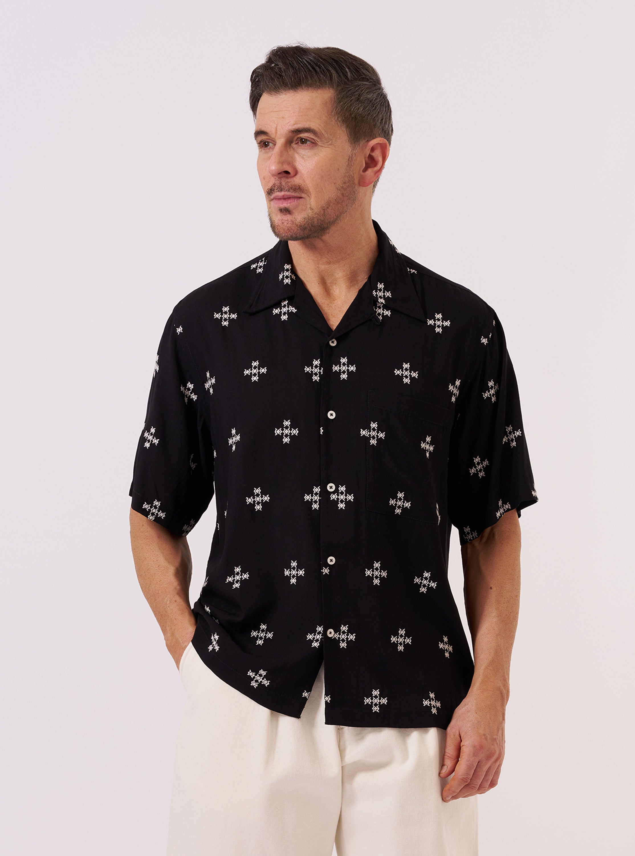 Men's Black Embroidered Diamond Camp Shirt – Universal Works