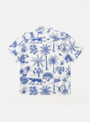 The White Jungle Toile Poplin Camp Shirt is shown from the back as a flat lay against a plain white background. The shirt features an all-over dark jungle toile print depicting tropical foliage and animals on a white base. The design highlights a straight hem and a simple back yoke.