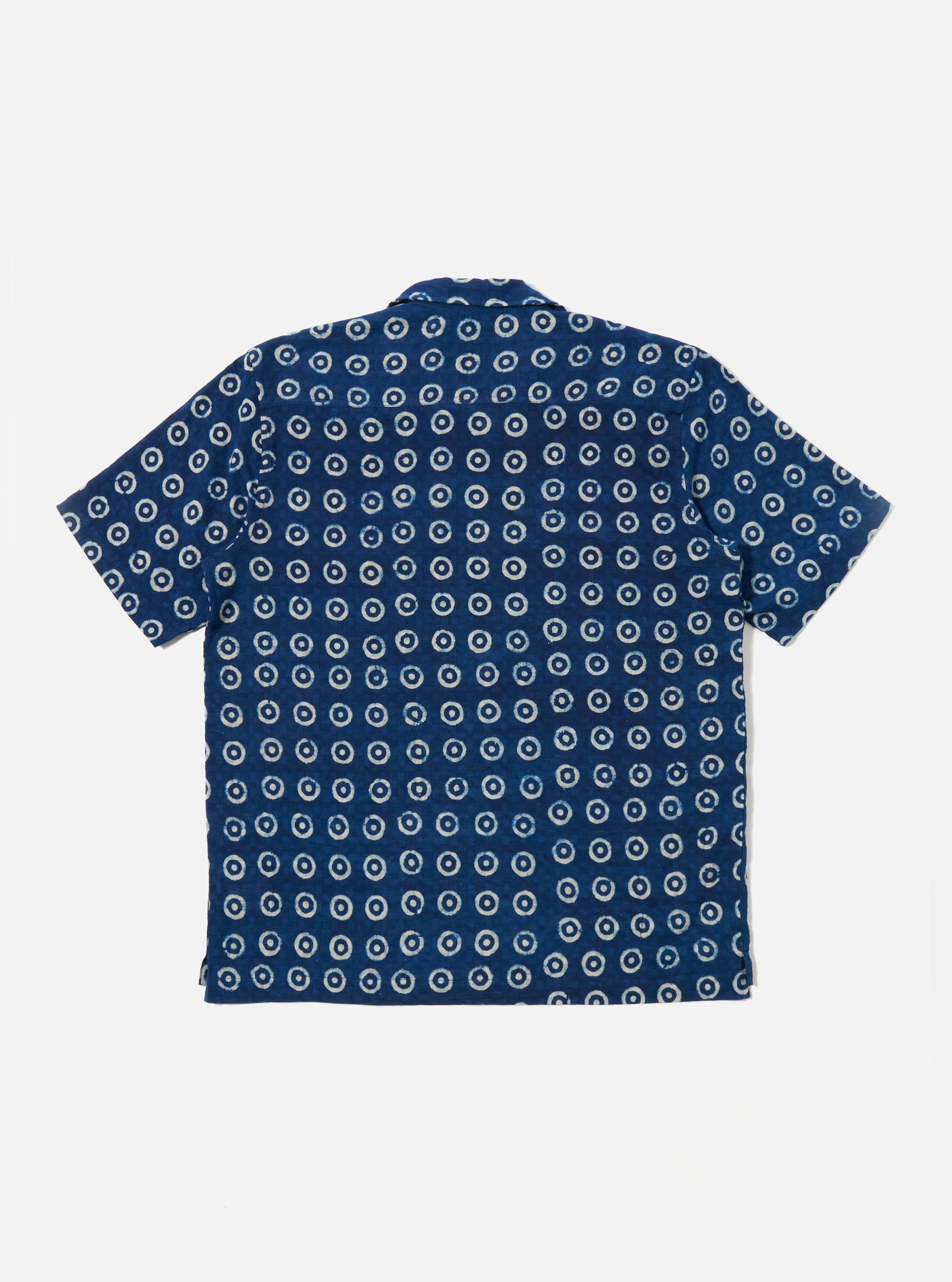 Men's Indigo Block Print Circles Camper Camp Collar Shirt