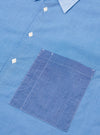 The Sky/Blue Fil A Fil Mixed Square Pocket Shirt is shown from the back as a flat lay against a plain white background. The image highlights the back yoke, the loose fit of the garment, and the adjustable button cuffs on the long sleeves. The light blue fil-a-fil fabric is clearly visible.