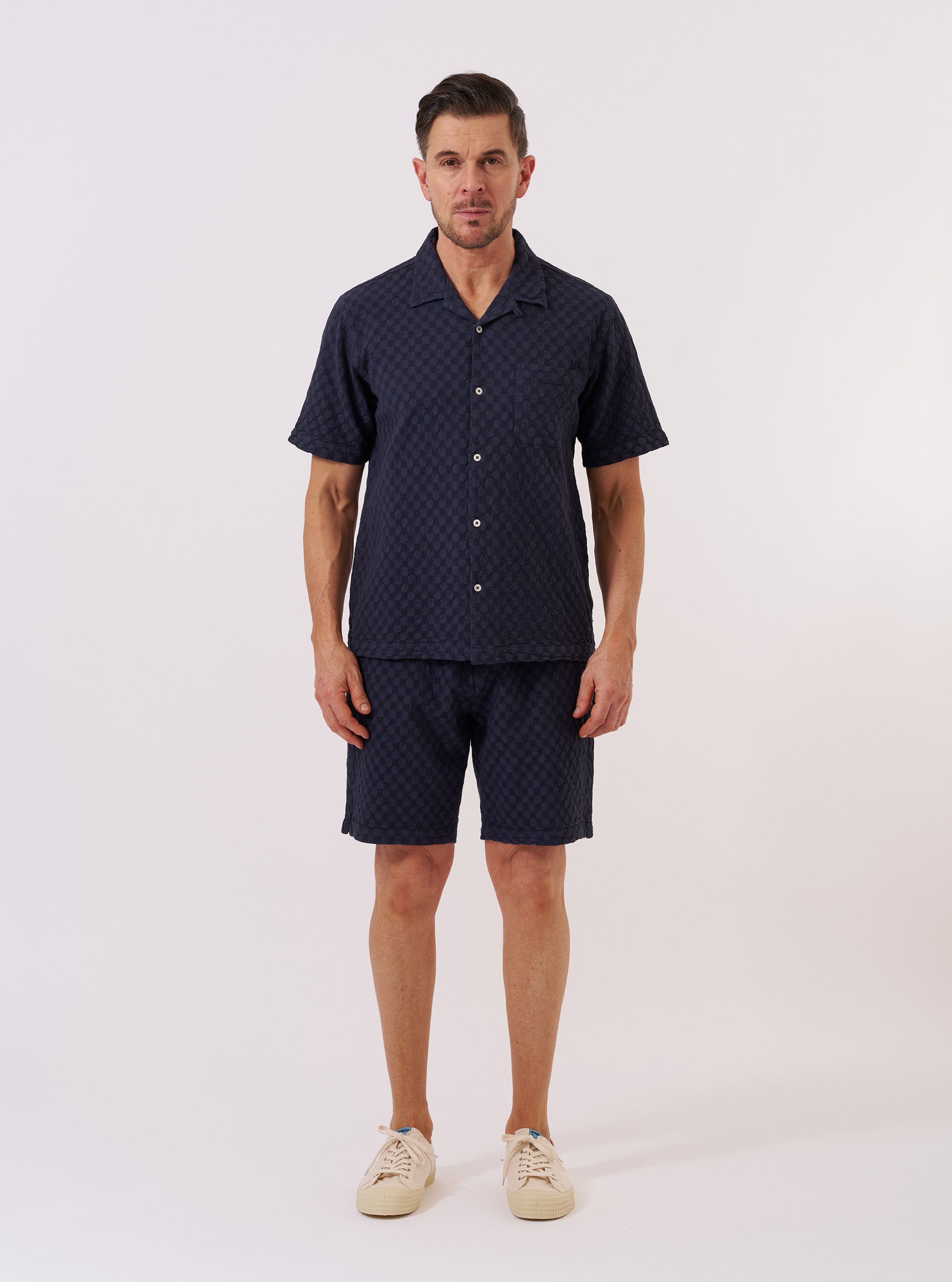 Men's Navy Dot Waffle Road Camp Collar Shirt – Universal Works