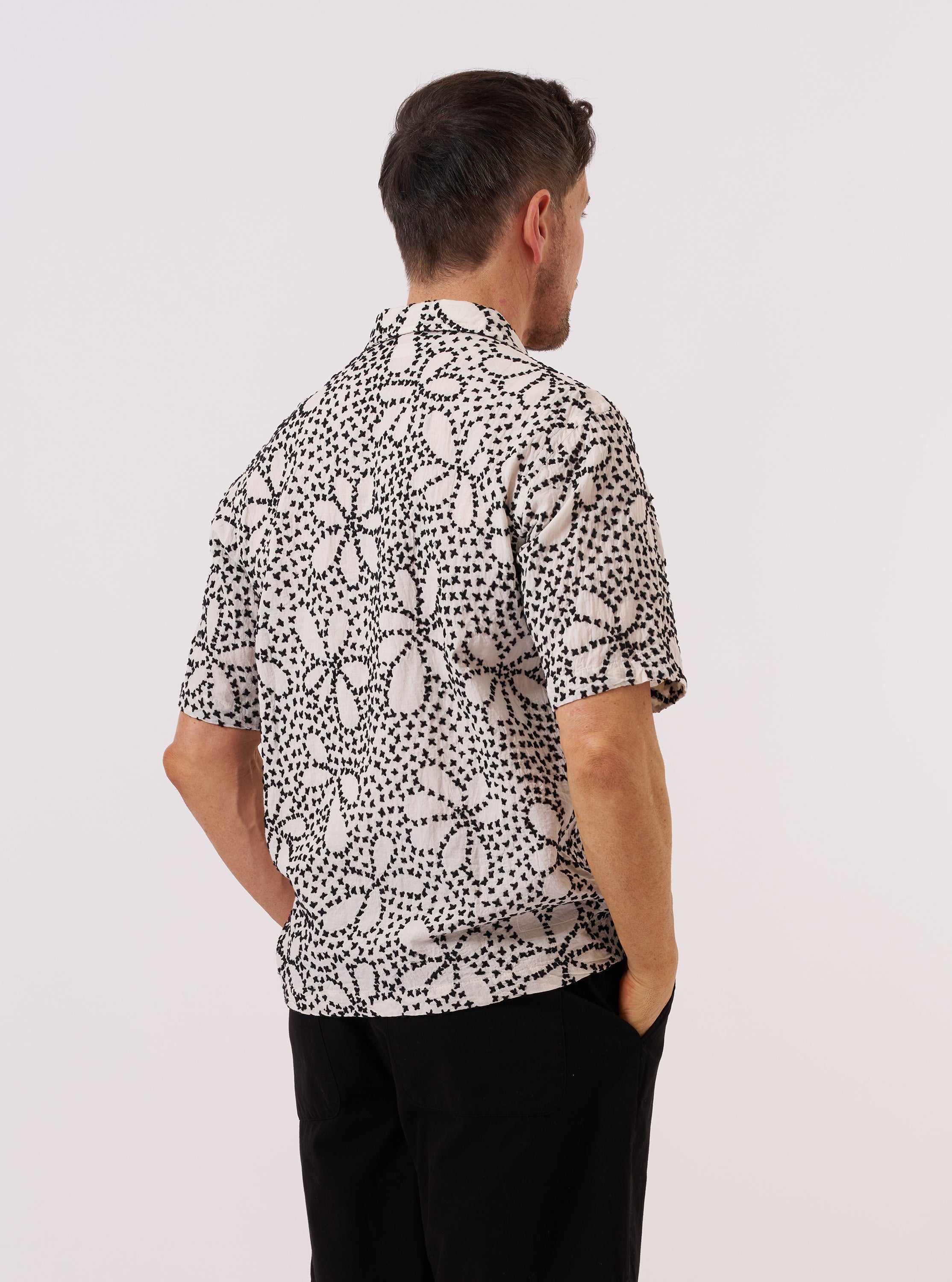 Men's Ecru/Black Kantha Flower Road Camp Collar Shirt – Universal