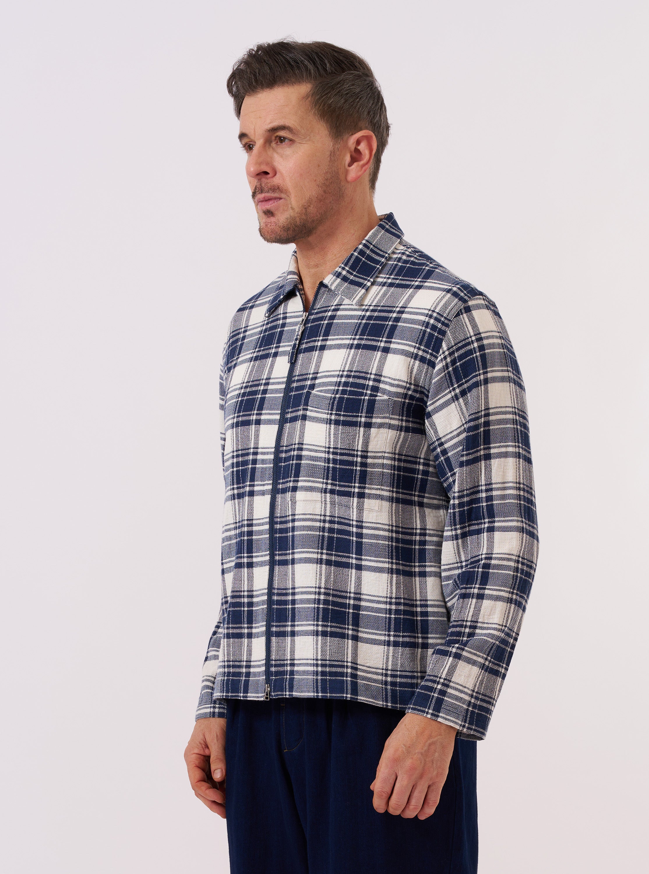 Men's Navy Texture Plaid Zip Shirt – Universal Works
