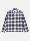 The Navy Texture Plaid Zip Shirt is shown as a flat lay against a plain white background. The shirt features a full-length silver-tone zip closure, a structured pointed collar, and two large patch pockets on the chest. The navy blue fabric displays a distinct textured plaid pattern throughout.