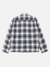 The Navy Texture Plaid Zip Shirt is shown from the back as a flat lay against a plain white background. The garment features an all-over navy and blue plaid check pattern on a textured cotton fabric. The image highlights the simple construction of the rear panel, the collar, and the straight hem.