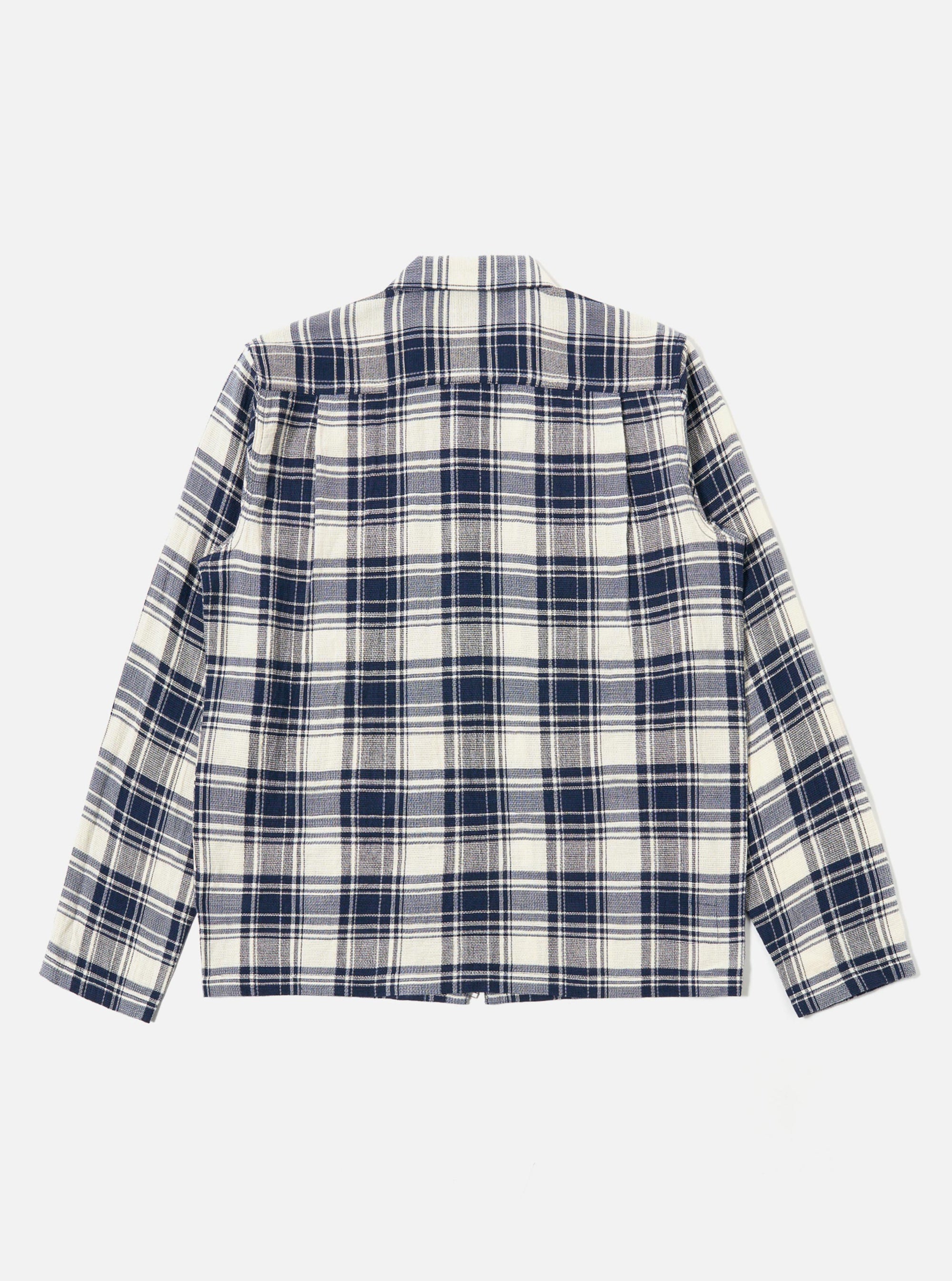 The Navy Texture Plaid Zip Shirt is shown from the back as a flat lay against a plain white background. The garment features an all-over navy and blue plaid check pattern on a textured cotton fabric. The image highlights the simple construction of the rear panel, the collar, and the straight hem.