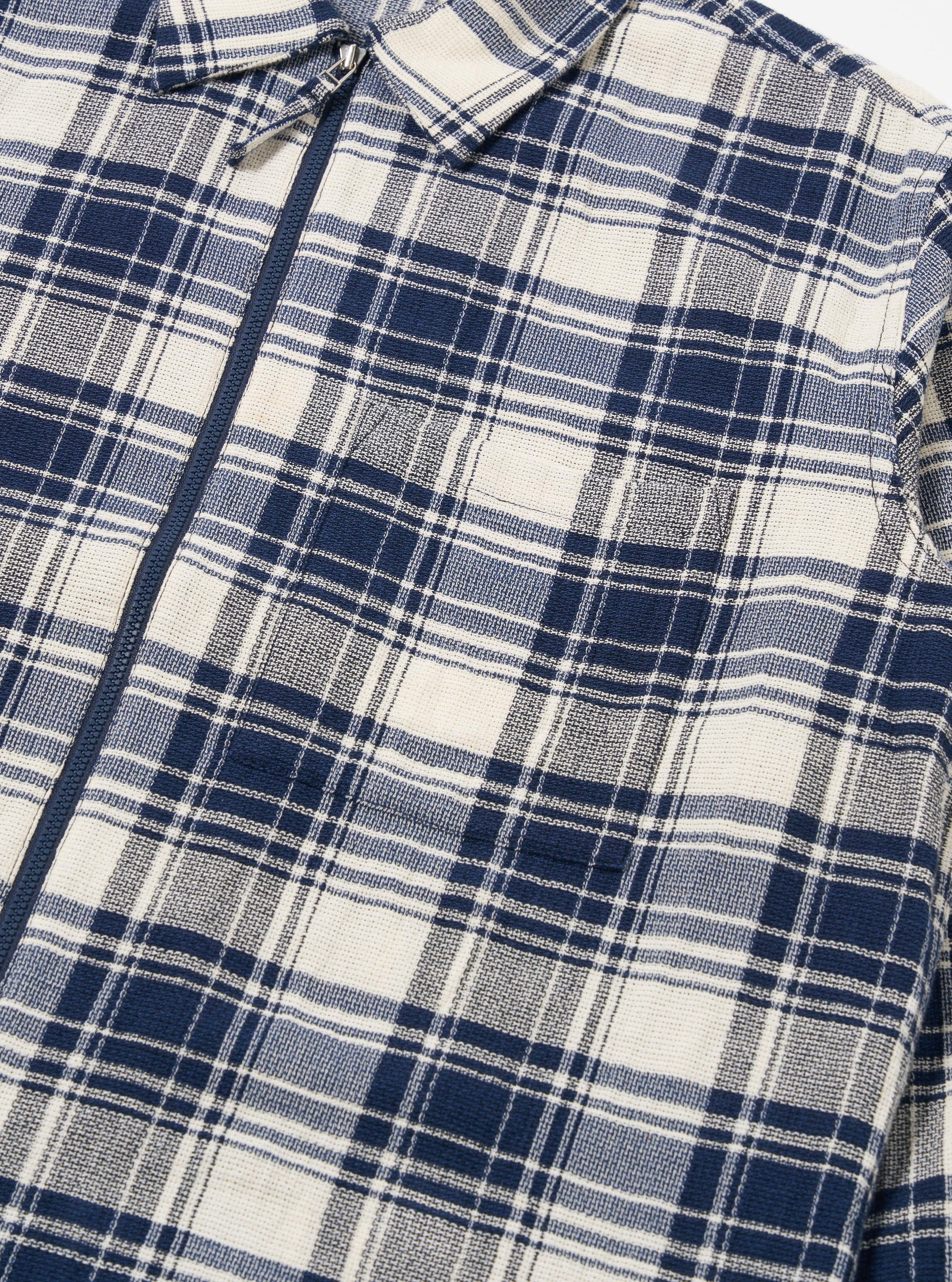 The Navy Texture Plaid Zip Shirt is presented as a flat lay against a plain white background. The shirt features an all-over navy blue and dark-toned plaid pattern with a distinct textured weave. It is designed with a central silver-tone zip closure, a classic pointed collar, and a straight hem.
