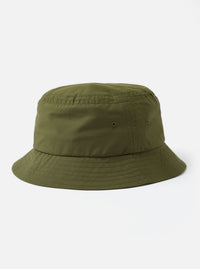 The Olive Recycled Polytech Beach Hat is shown as a flat lay against a plain white background. The hat is a classic bucket style with a short, stitched brim and a five-panel crown. The fabric is a solid olive green with a matte finish, and two metal ventilation eyelets are visible on the side.