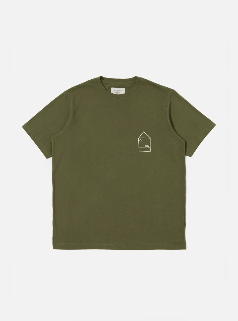The A. SOCIETY x Universal Works Olive Single Jersey Print Tee laid flat on a white background. The tee is olive green with a small white graphic on the chest.
