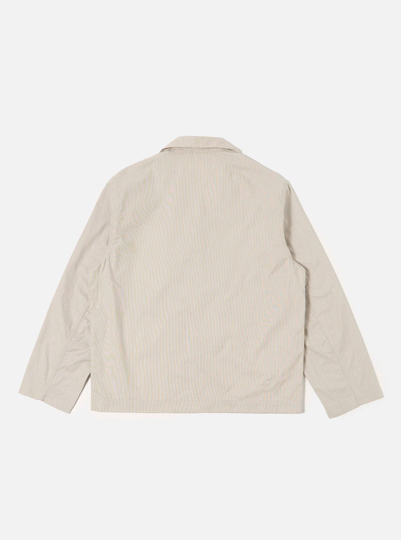 The Brown Kennedy Stripe Franck Jacket is shown from the back as a flat lay against a plain white background. The image highlights the vertical brown stripe pattern and the clean, structured construction of the jacket's rear panel, featuring a straight hem.