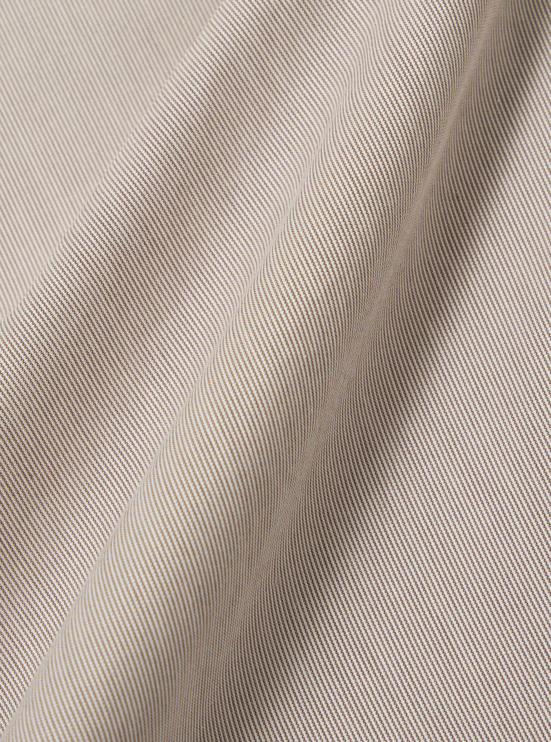 A close-up fabric swatch of the Brown Kennedy Stripe Franck Jacket highlights the brown color and the distinct vertical stripe pattern of the material.