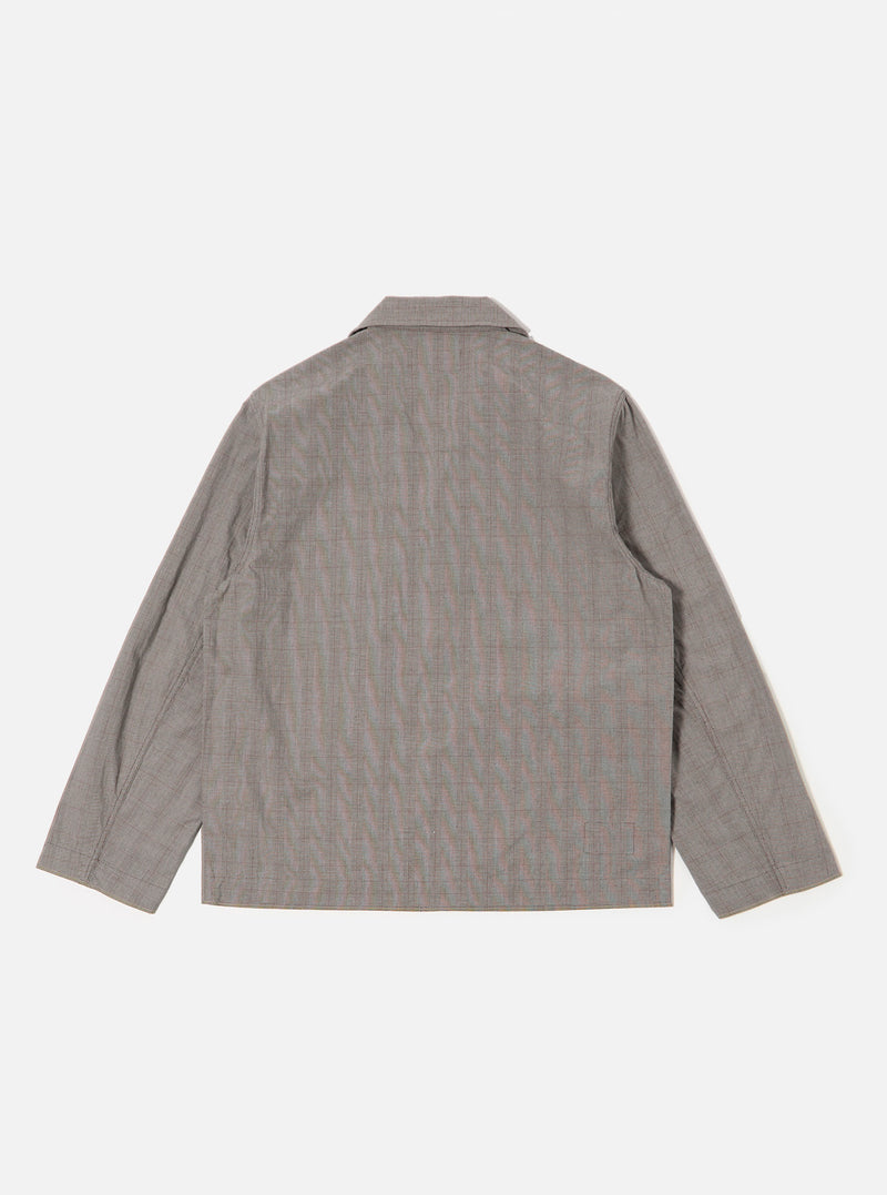 The Grey Brown Wales Glen Check Franck Jacket is shown from the back as a flat lay against a plain white background. The image highlights the jacket's structured rear panel, a straight hem, and the detailed glen check pattern in grey and brown tones.