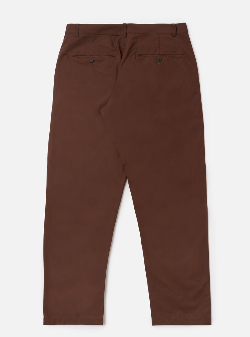 The Brown Peached Poplin Military Chino is shown from the rear as a flat lay against a plain white background. The image highlights the back of the trousers, featuring two rear jetted buttoned pockets and a straight-cut leg. The brown peached poplin fabric has a smooth, soft-touch appearance.