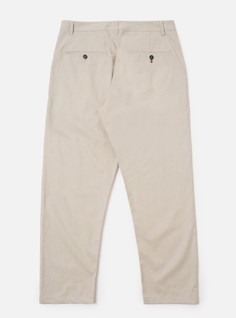 The Brown Kennedy Stripe Military Chino is shown from the back as a flat lay against a plain white background. The image highlights the two rear welt pockets, the straight leg cut, and the vertical pinstripe pattern on the brown cotton fabric.
