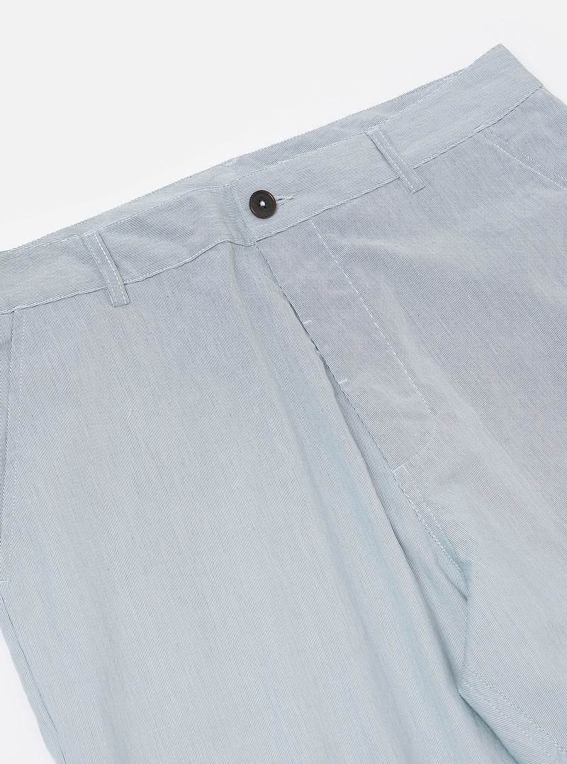 The Navy Kennedy Stripe Military Chino is shown from a rear angle as a flat lay against a plain white background. The image highlights the two rear button-down flap pockets and the straight-leg fit of the trousers. The navy blue fabric features a subtle vertical Kennedy stripe pattern throughout.