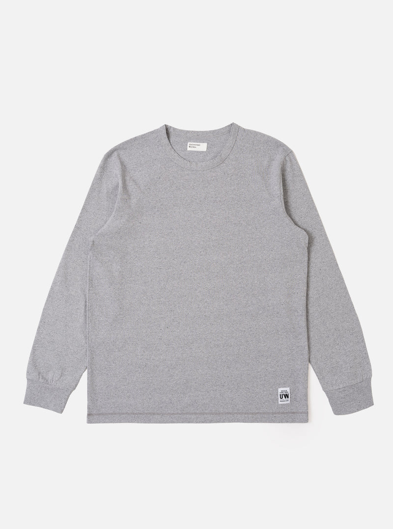 The Grey Marl Recycled/Bio Jersey Henry L/S Tee is shown as a flat lay against a white background. The long-sleeved T-shirt features a crew neckline, a straight hem, and a single patch pocket on the left chest. The fabric is a light grey marl jersey with a soft, textured appearance.
