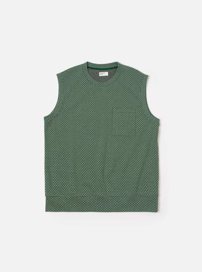 The Green Argyll Jersey Sleeveless Crew is shown as a flat lay against a white background. The garment features a classic crew neck and a prominent argyle pattern in shades of green and navy blue. The sleeveless design and ribbed hem are clearly visible.