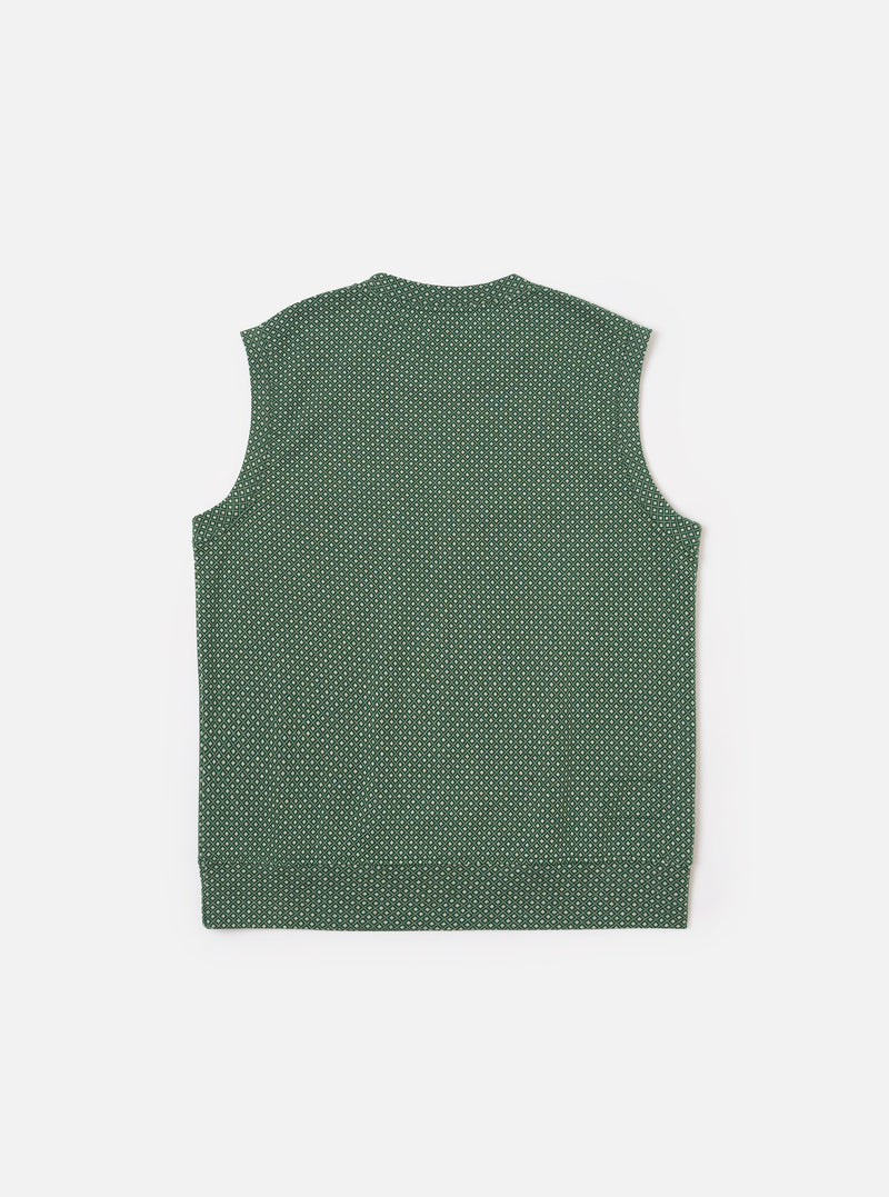 The Green Argyll Jersey Sleeveless Crew is shown from the back as a flat lay against a plain white background. The image highlights the all-over green and dark-toned argyll diamond pattern and the simple sleeveless construction with a straight hem.