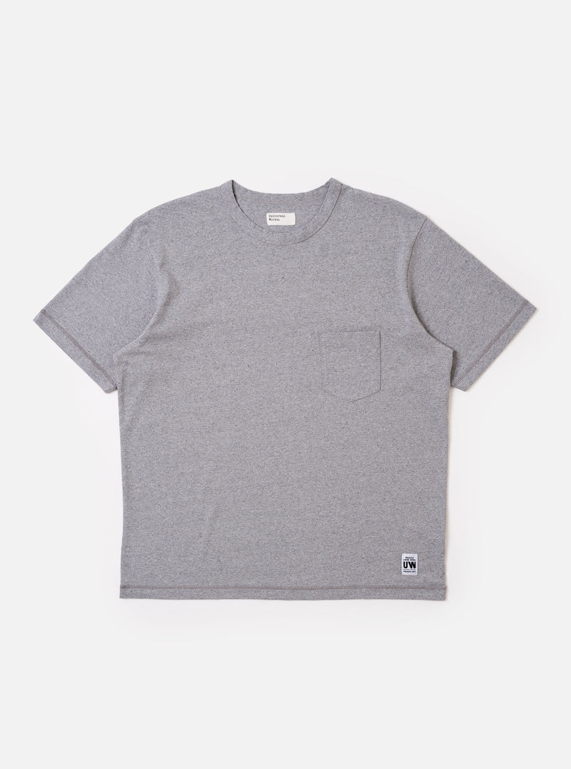 The Grey Marl Recycled/Bio Jersey Core Pocket Tee is shown as a flat lay against a plain white background. The t-shirt features a crew neckline, short sleeves, and a single patch pocket on the left chest. The fabric is a light grey marl jersey.