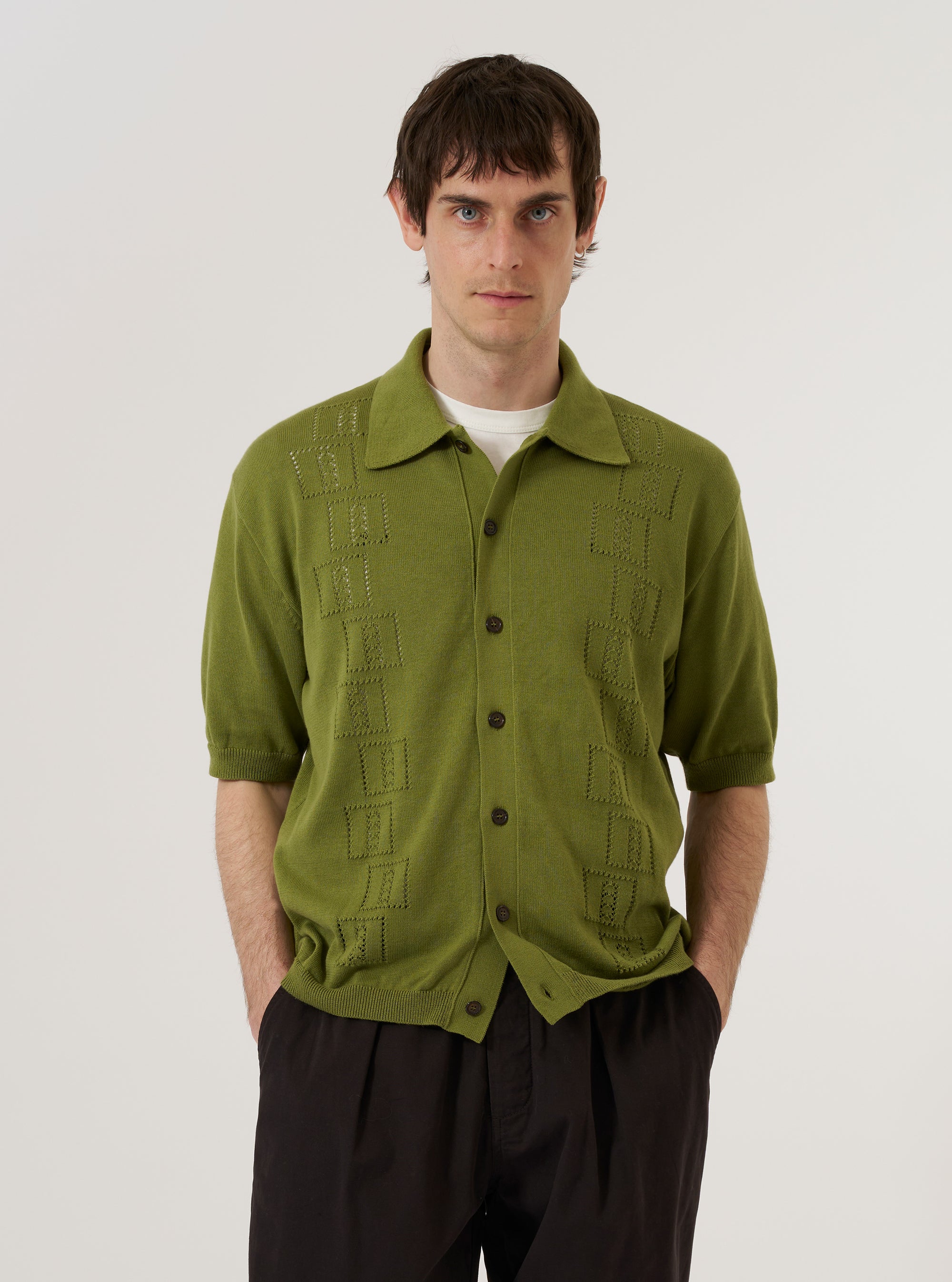 Men's Olive Cotton Lace Knit Jonny Knit Shirt Universal Works Men's Olive Cotton Lace Knit Jonny Knit Shirt Universal Works