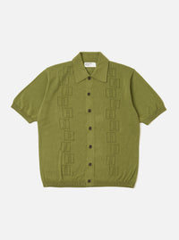 The Olive Cotton Lace Knit Jonny Knit Shirt is shown as a flat lay against a white background. The shirt features a spread collar, a three-button placket, and a distinct openwork square pattern throughout the olive green fabric.