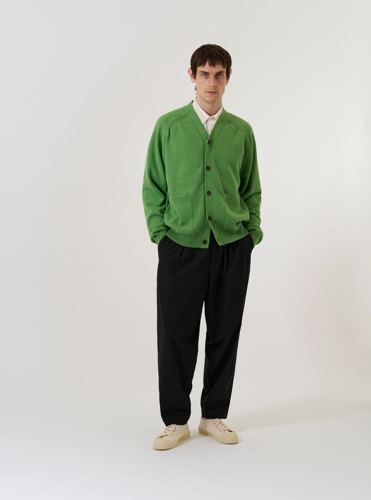 Men's Green Eco Cotton Knit Pocket David Cardigan Universal Works Men's Green Eco Cotton Knit Pocket David Cardigan Universal Works