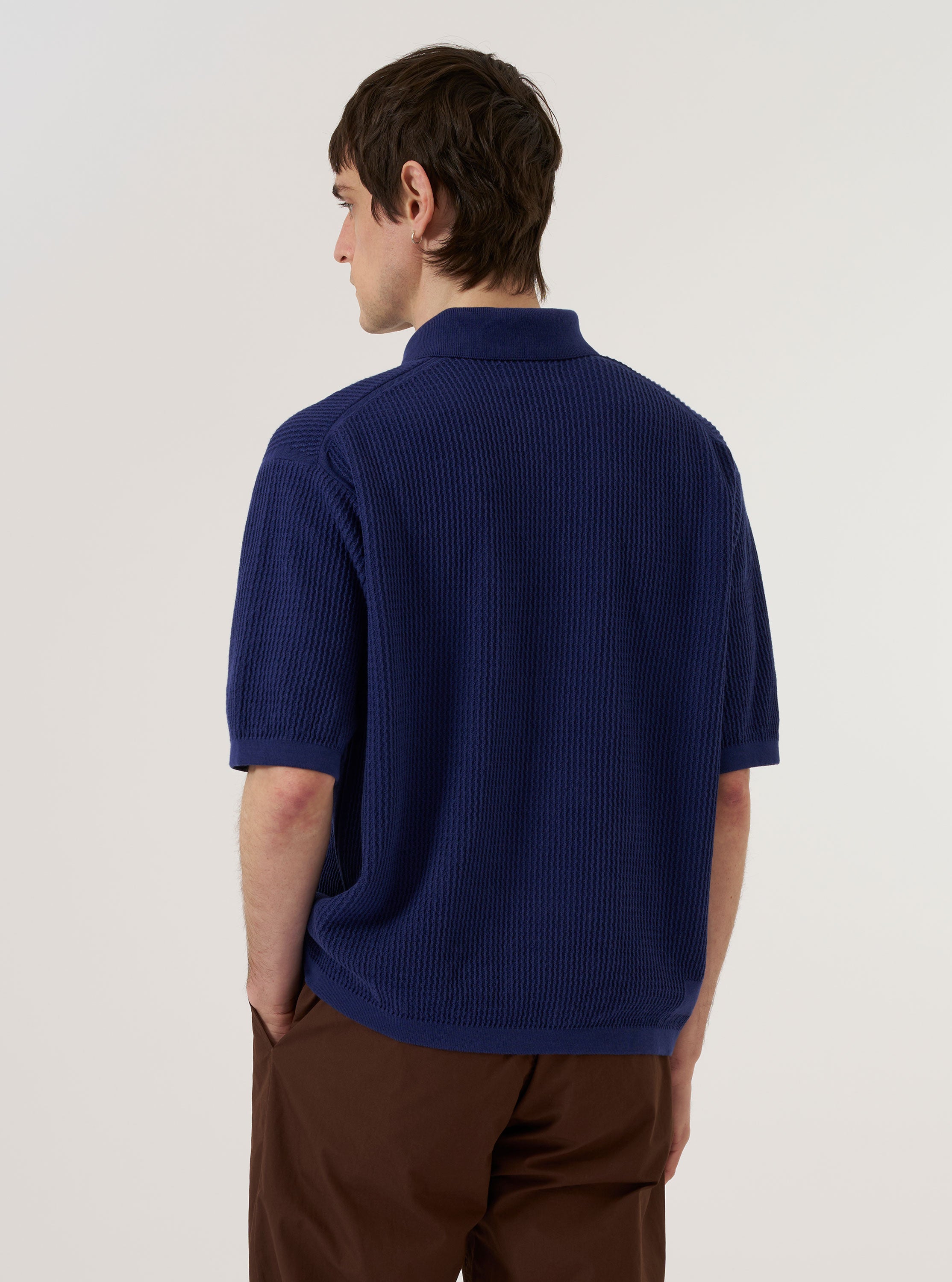 Men's Navy Fine Texture Tricot S/S Knit Polo – Universal Works