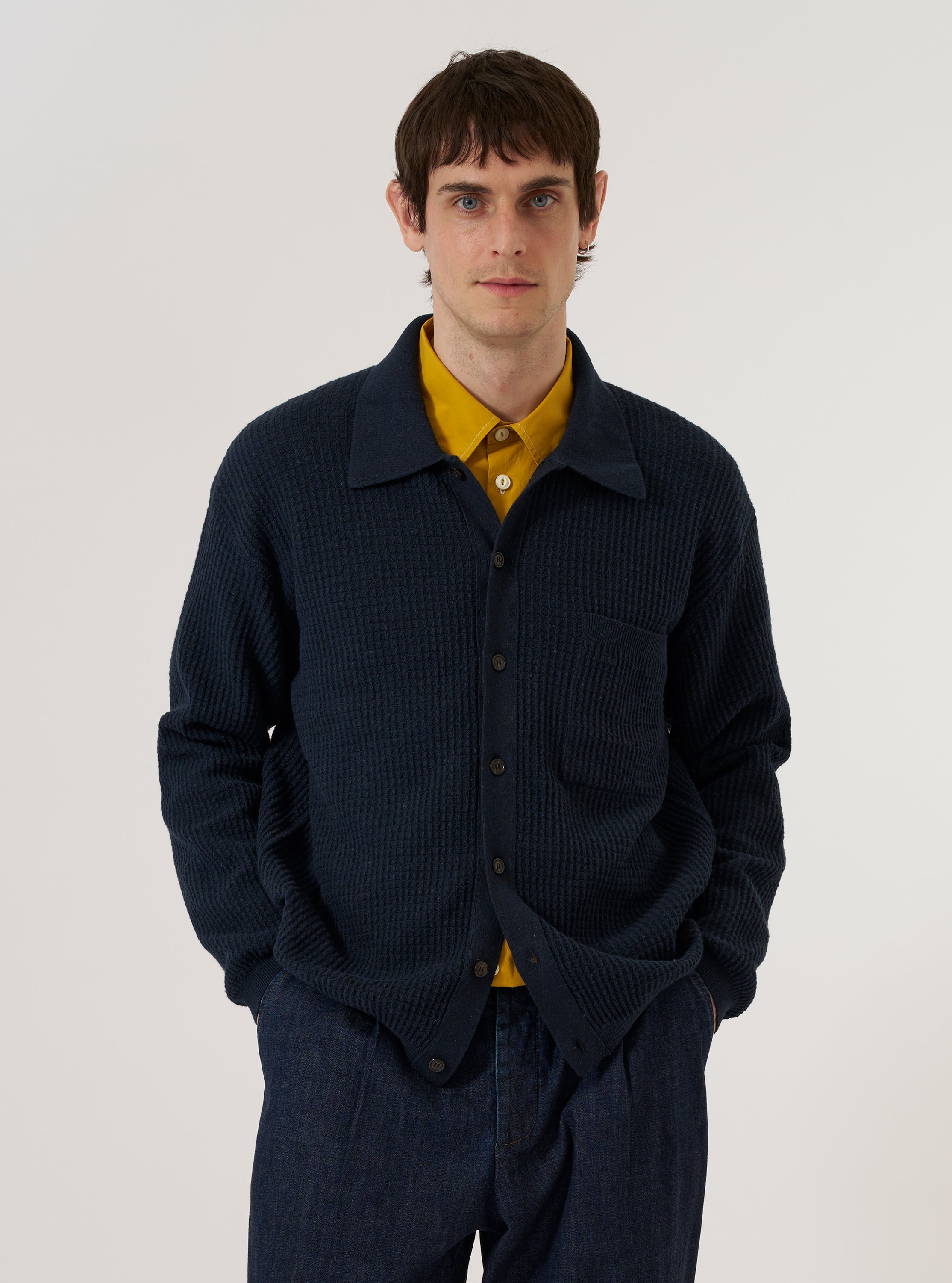Men's Navy Eco Cotton Knit Knit Jacket – Universal Works Men's Navy Eco Cotton Knit Knit Jacket – Universal Works
