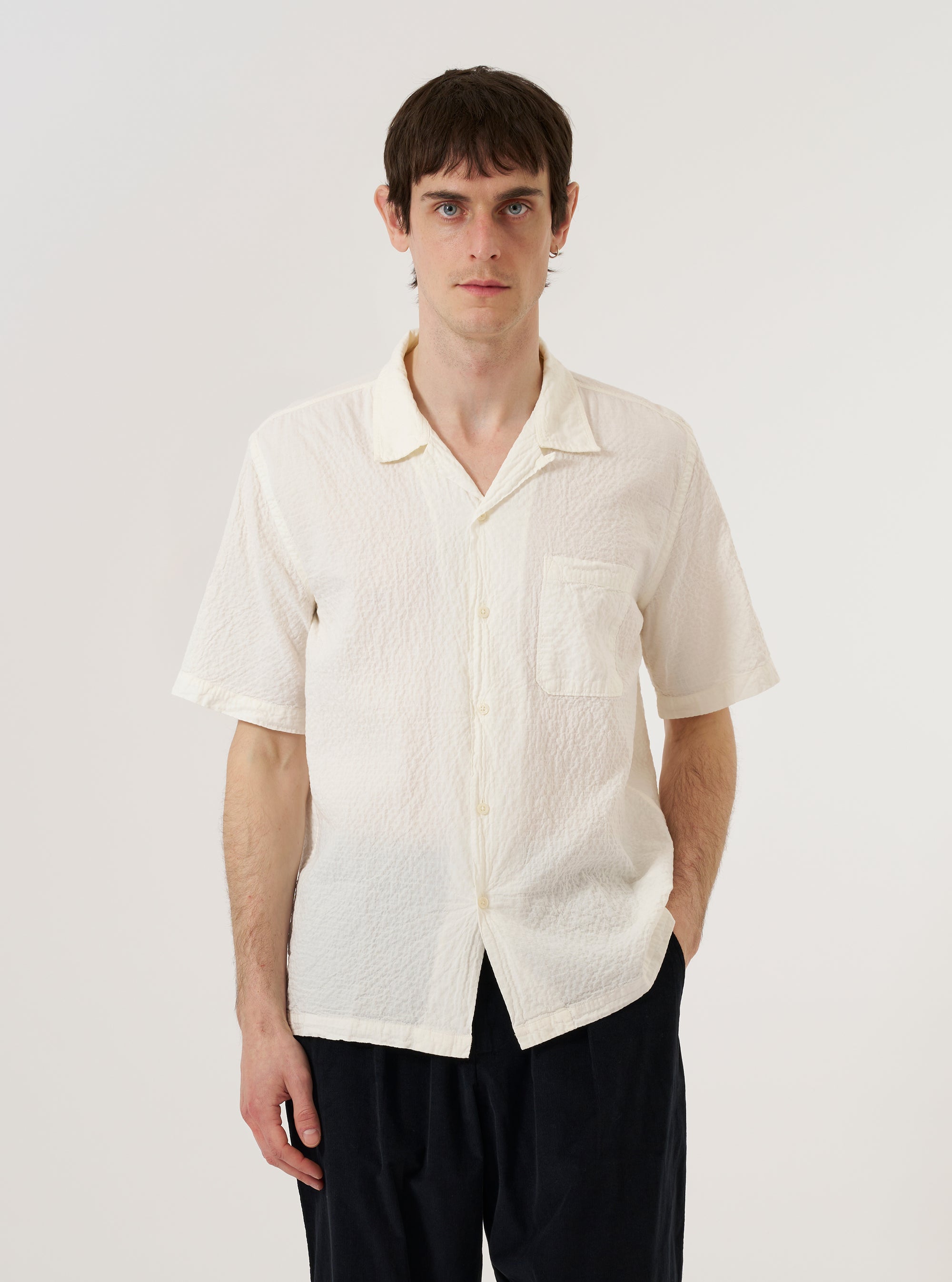Men's Ecru Arten Seersucker Road Camp Collar Shirt – Universal Works