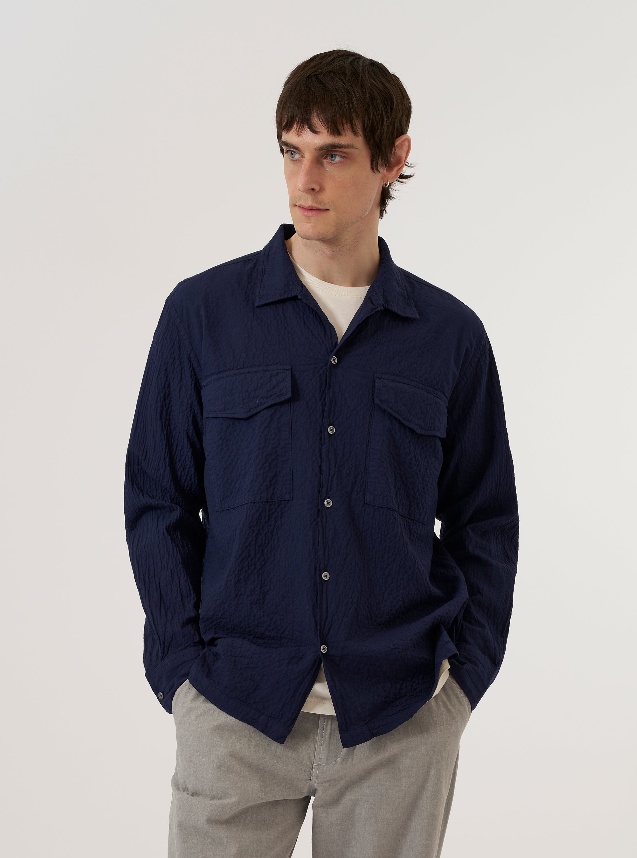 Men's Navy Arten Seersucker Attendant Shirt – Universal Works