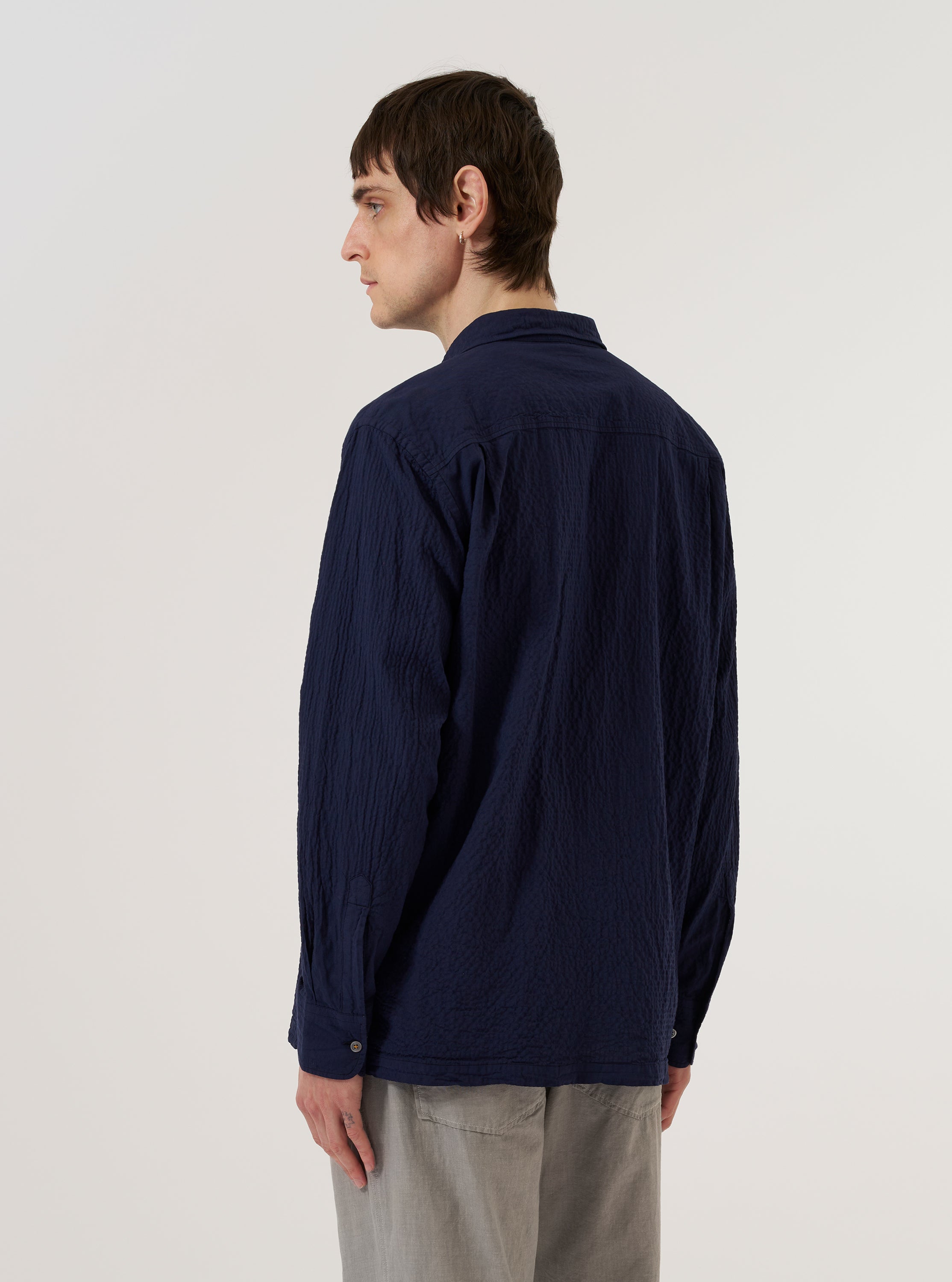 Men's Navy Arten Seersucker Attendant Shirt – Universal Works