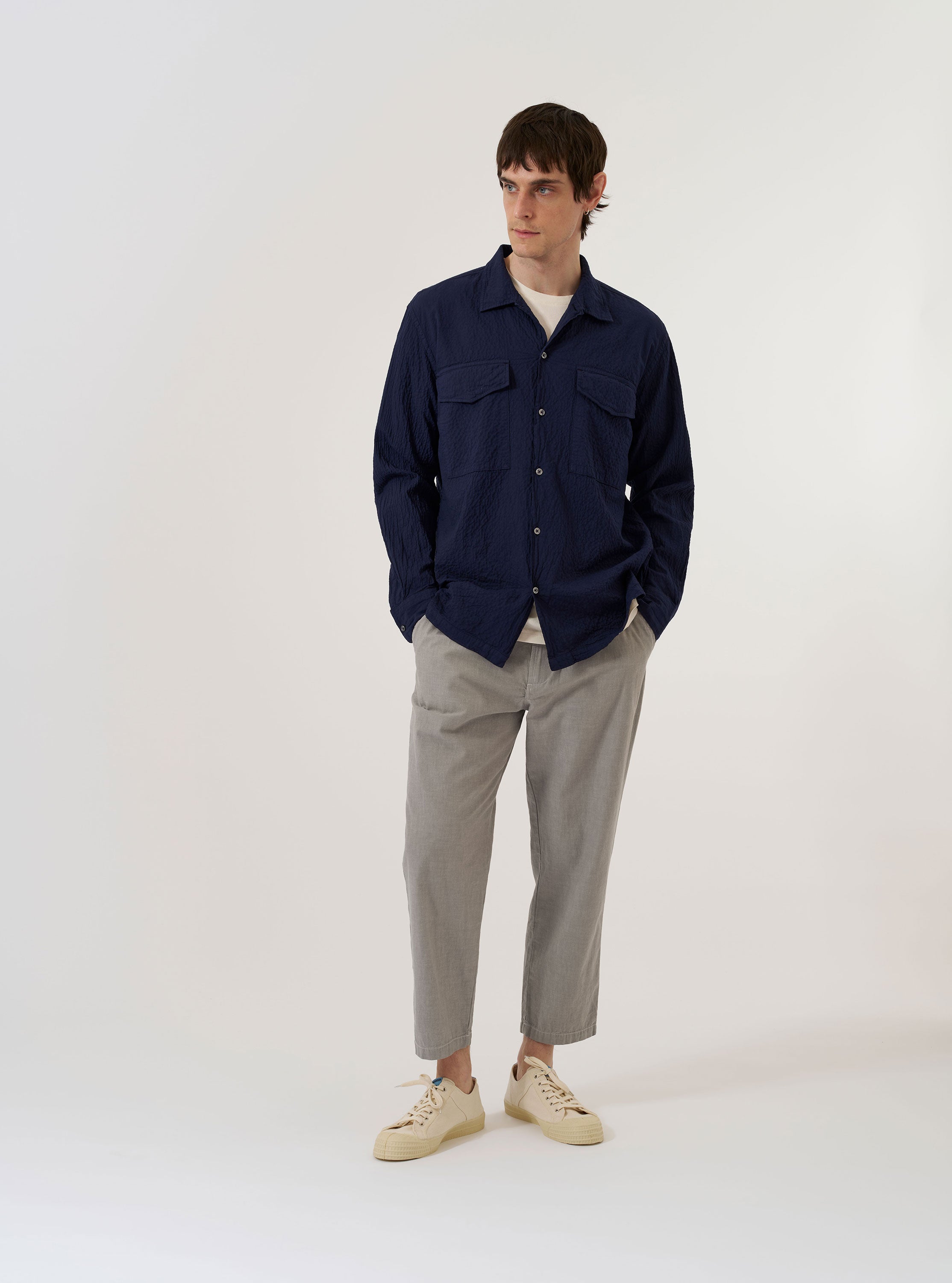 Men's Navy Arten Seersucker Attendant Shirt – Universal Works