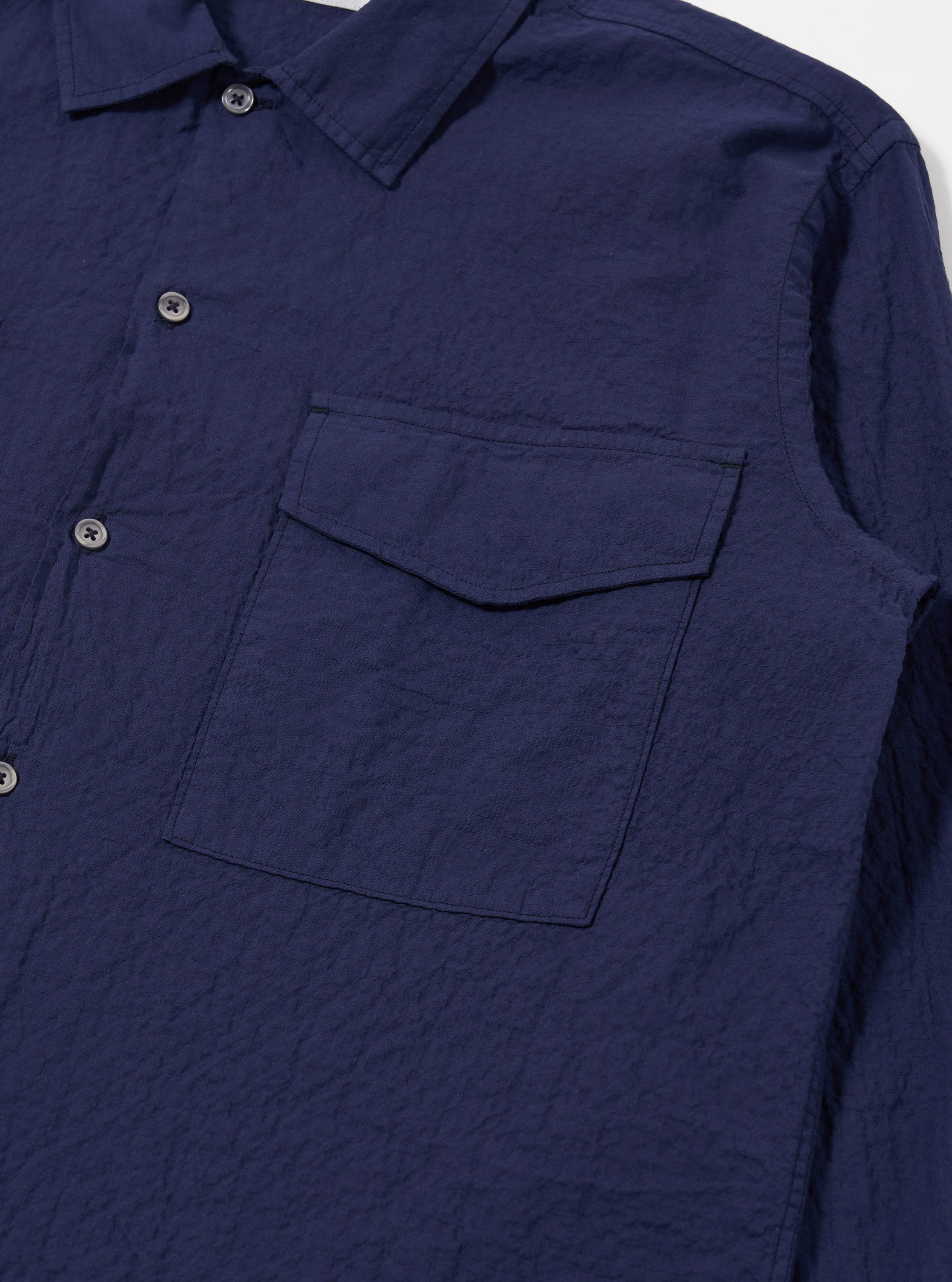Men's Navy Arten Seersucker Attendant Shirt – Universal Works