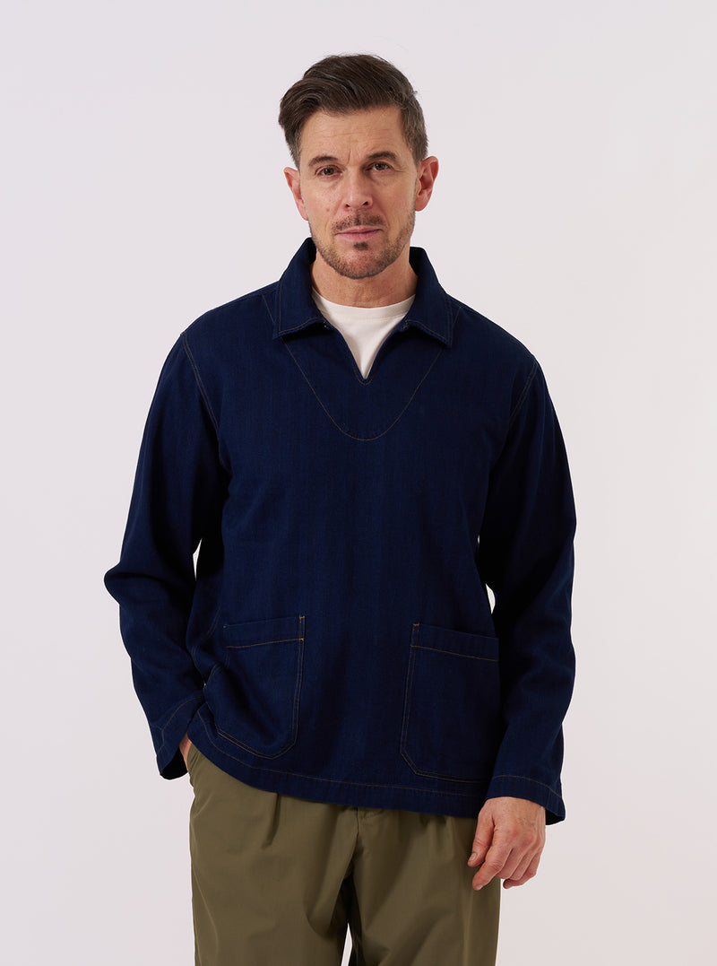 Indigo Recycled Herringbone Smock Overshirt