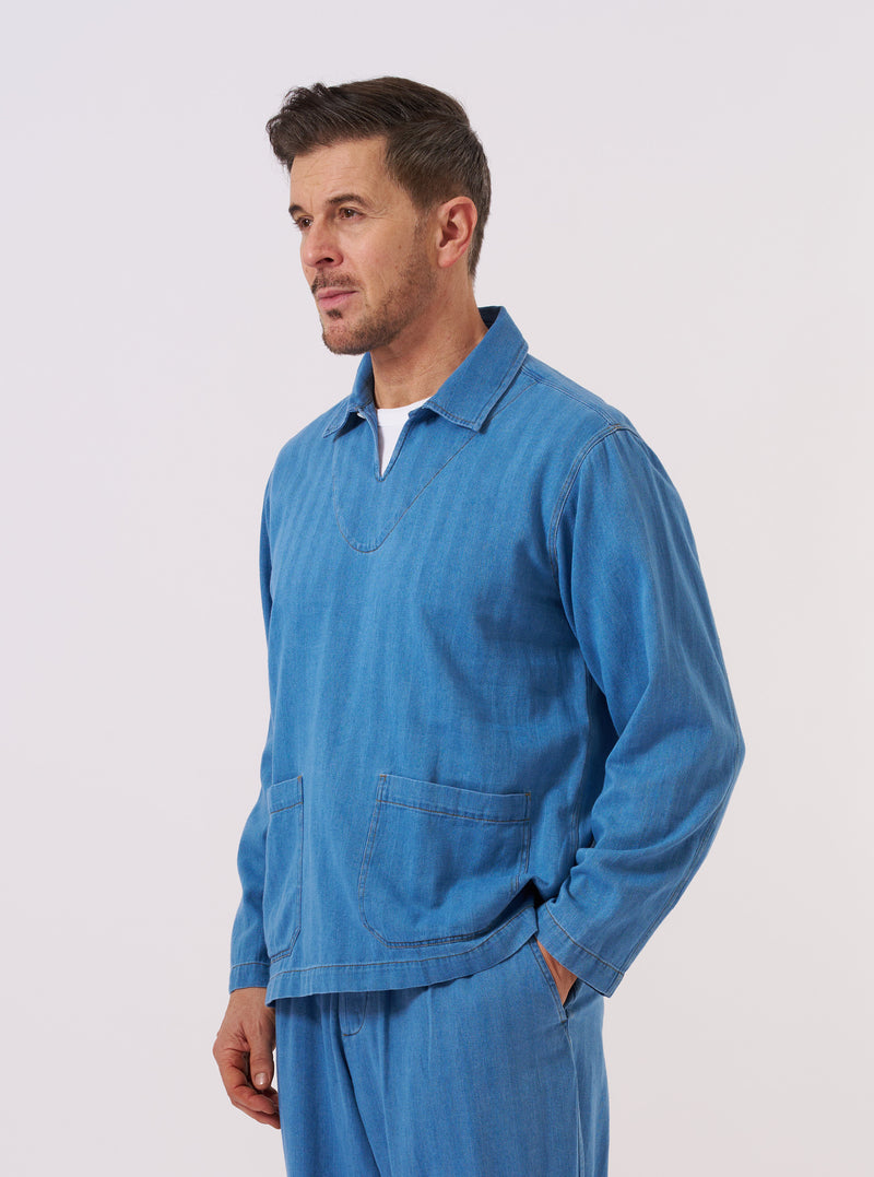 Washed Indigo Recycled Herringbone Smock Overshirt