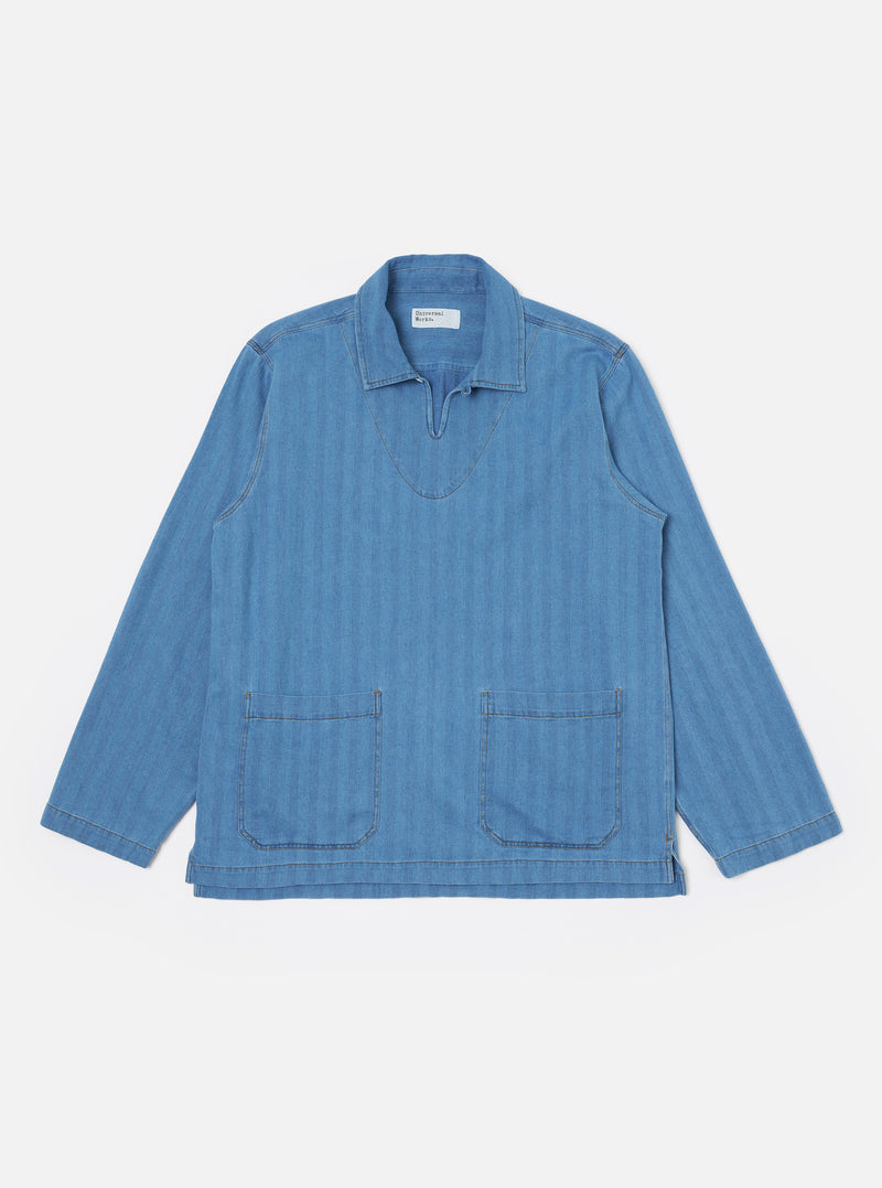Washed Indigo Recycled Herringbone Smock Overshirt