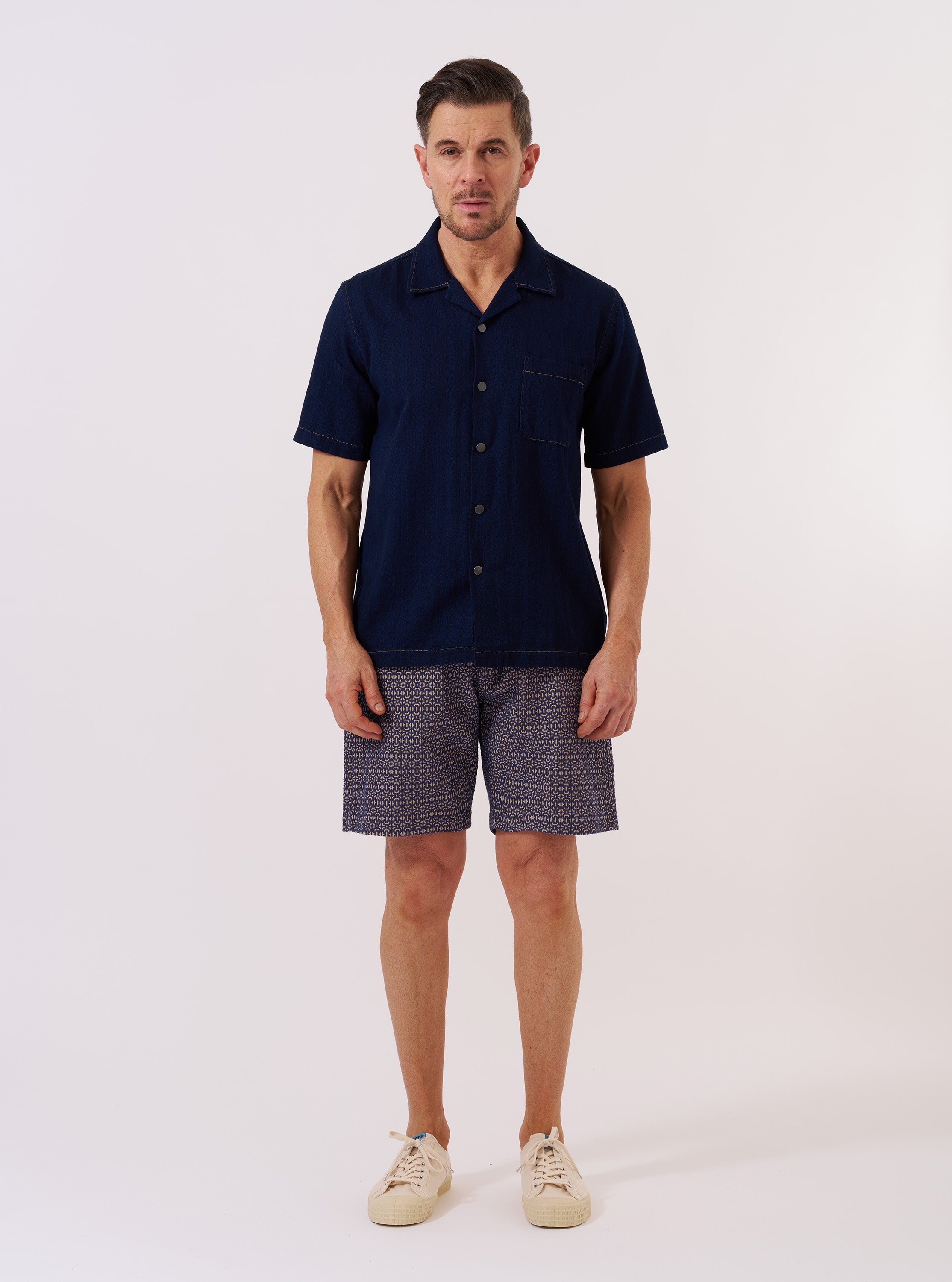 Men's Indigo Recycled Herringbone Road Camp Collar Shirt
