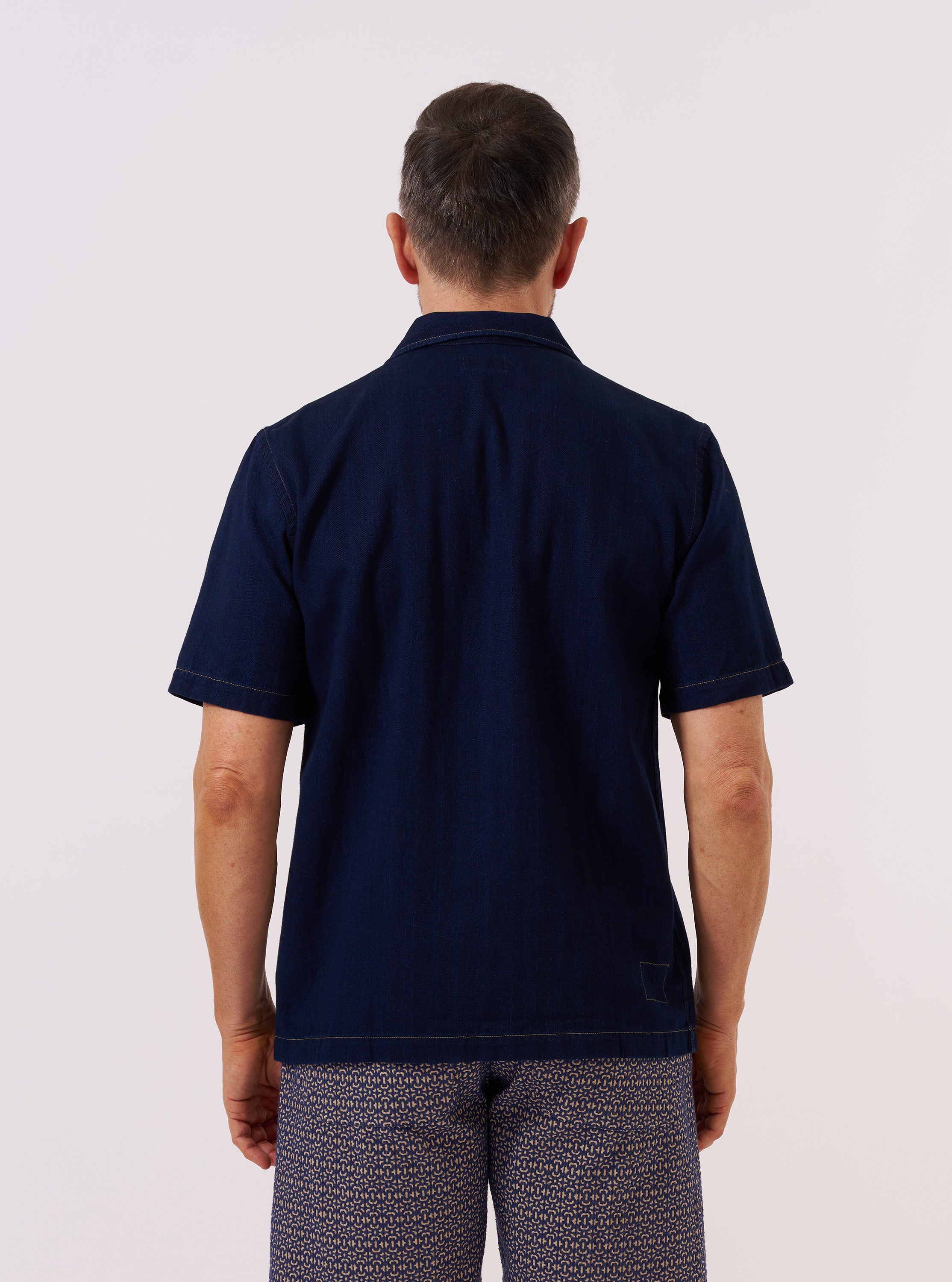 Men's Indigo Recycled Herringbone Road Camp Collar Shirt