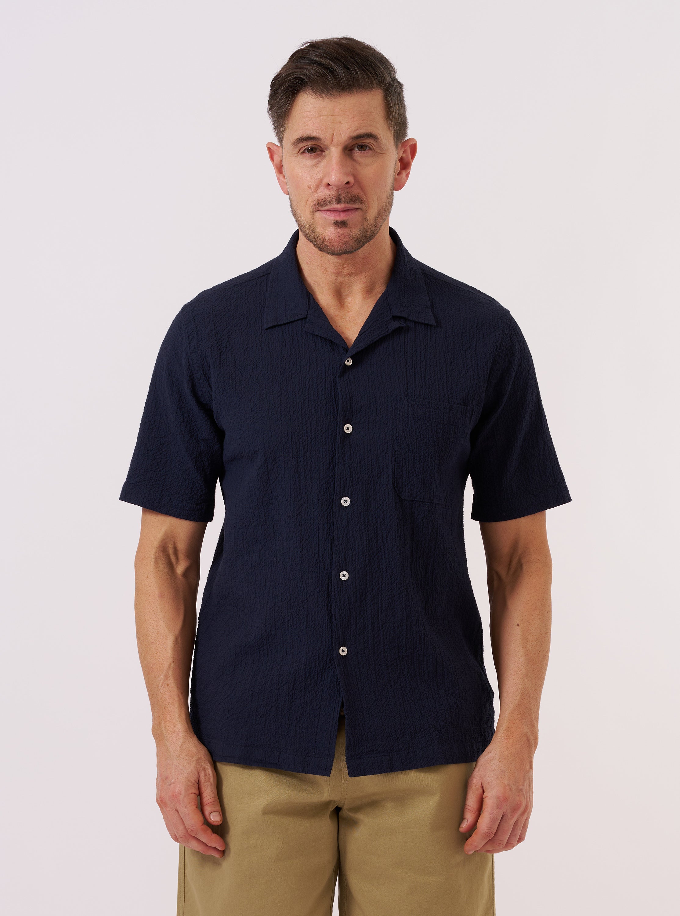 Men's Navy Seersucker Shirting Road Camp Collar Shirt – Universal